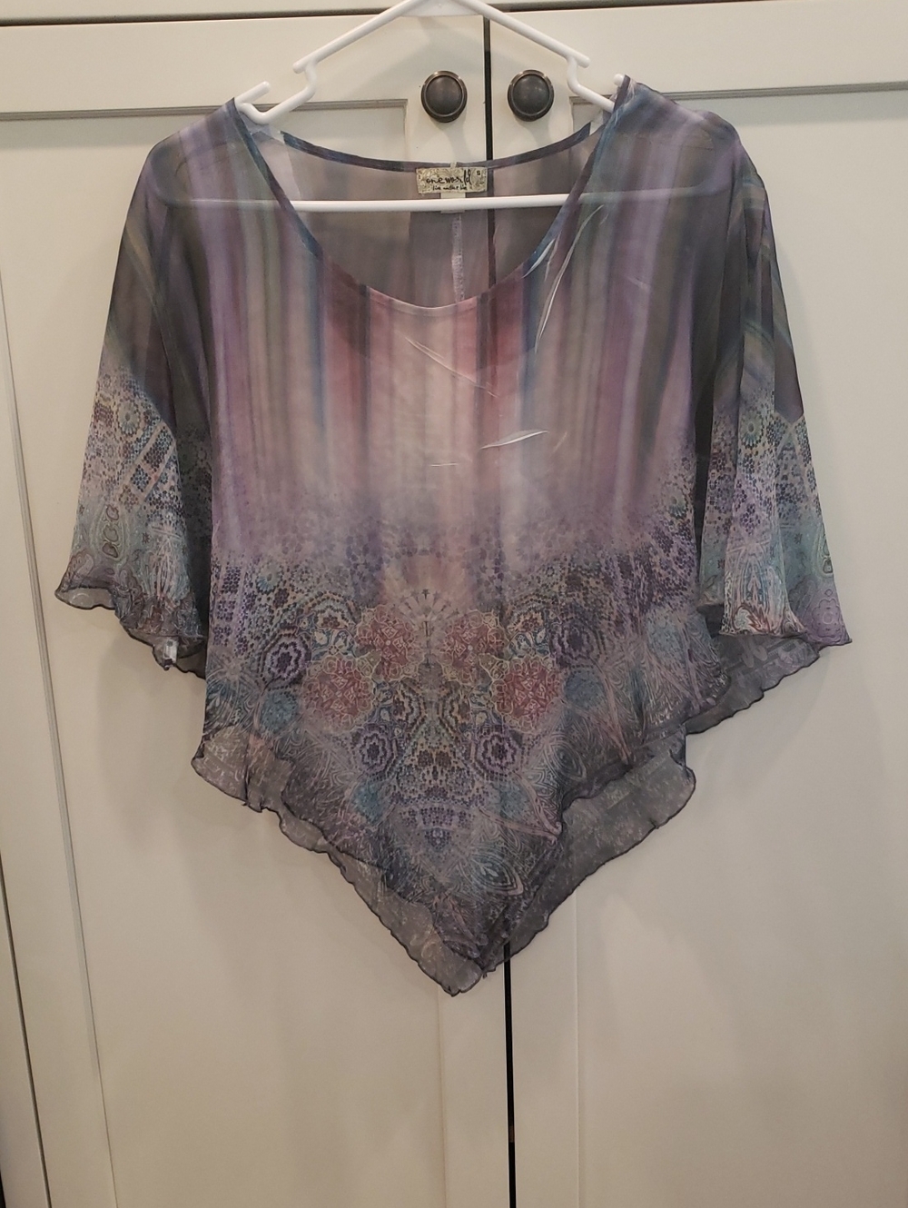 ONE WORLD Sheer Ombre Pastel Poncho Top in Lavender and Teal